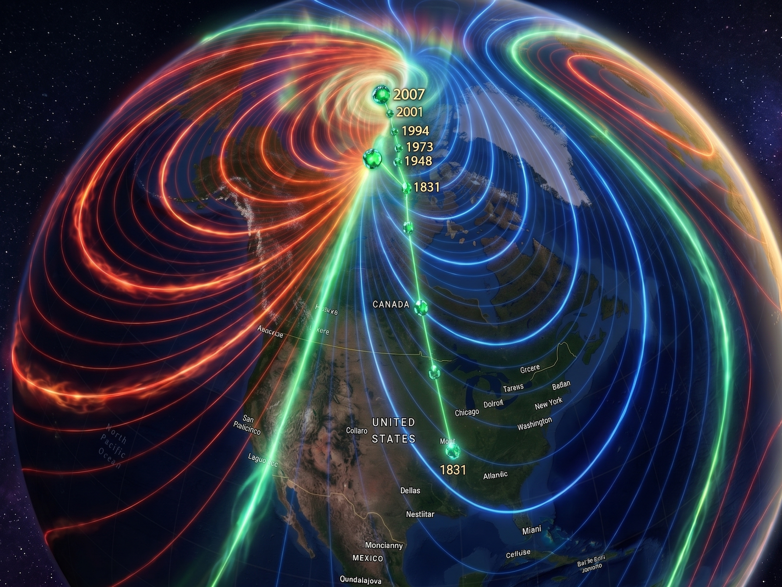 Globe with magnetic field lines fading into a digital blueprint grid