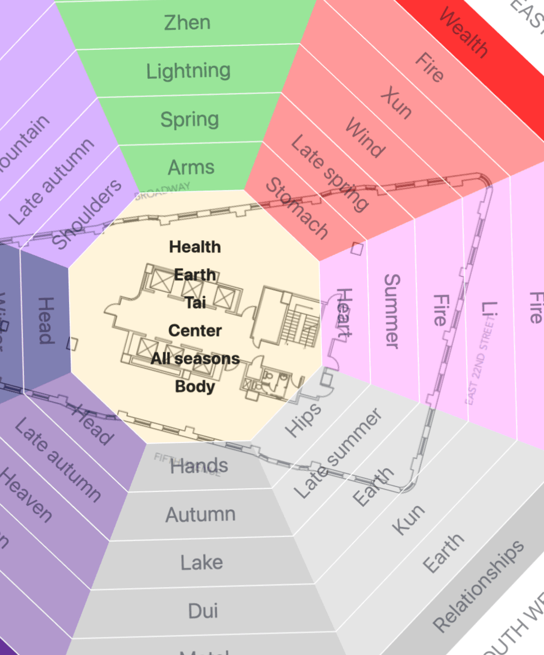 Clean floor plan interface with a Bagua overlay
