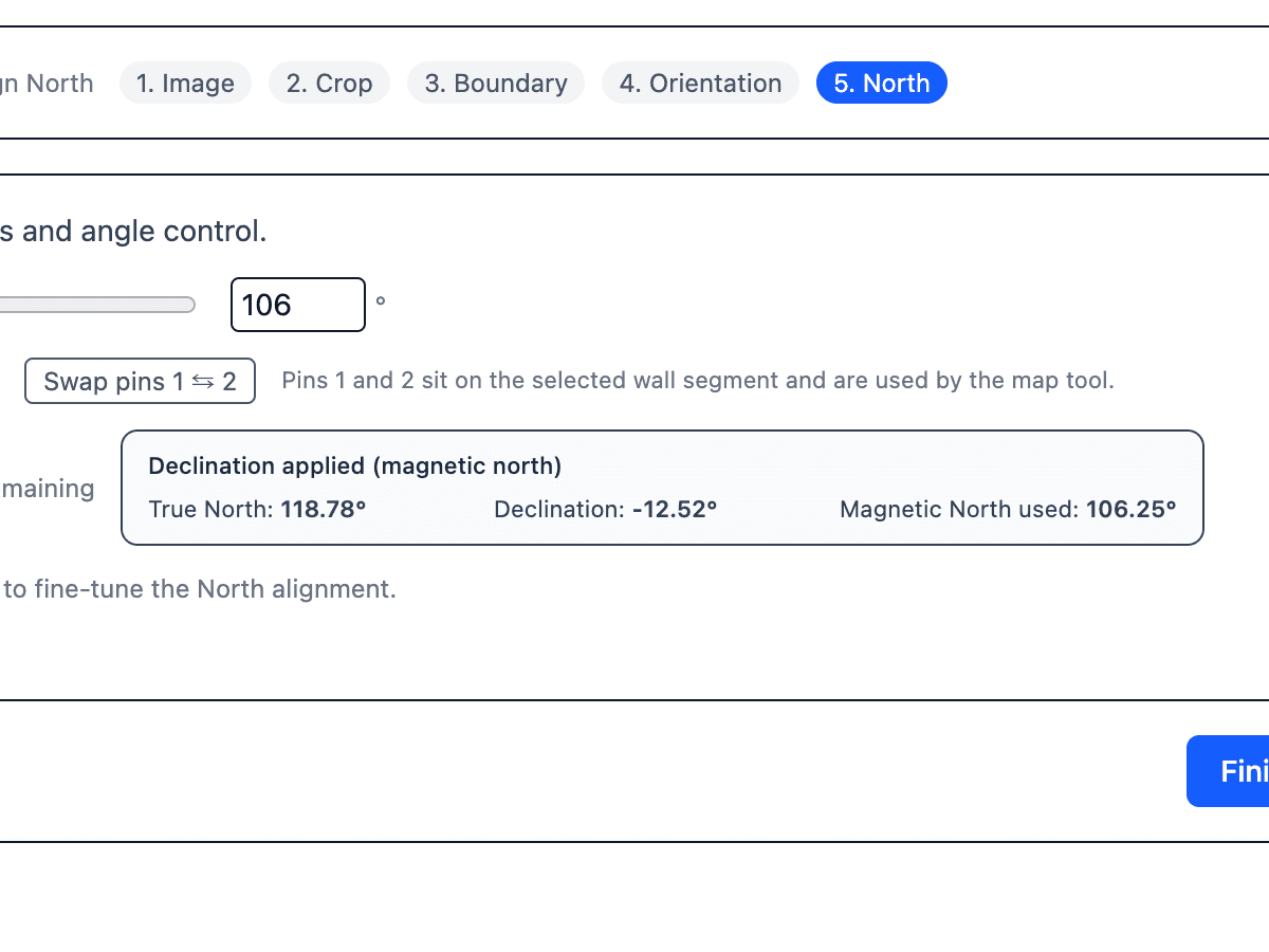 Calculation dashboard with declination applied and magnetic north used