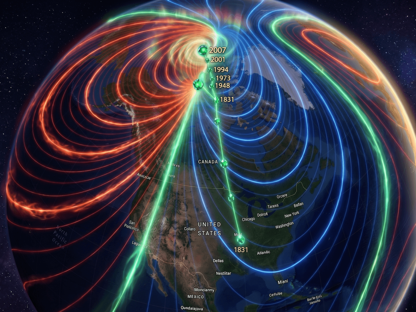 Globe with magnetic field lines fading into a digital blueprint grid