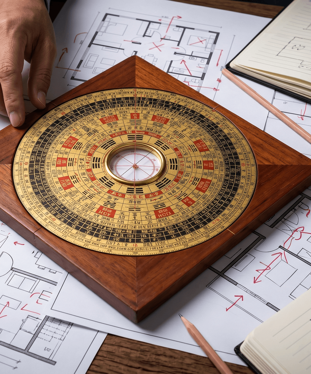 Traditional Feng Shui tools including a Luo Pan, protractors, printed floor plans, and a calculator